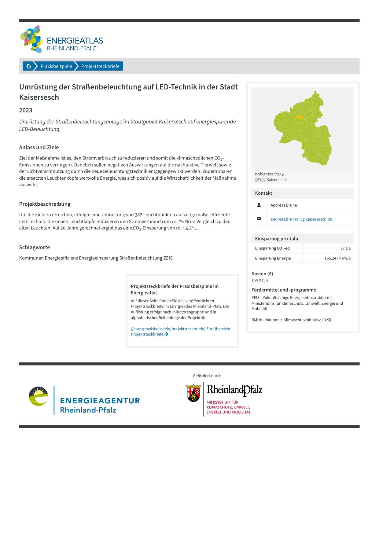 2Energieatlas Rheinland Pfalz Praxisbeispiel Umrýstung der Straýenbeleuchtung auf LED Technik in der Stadt Kaisersesch 2023 1